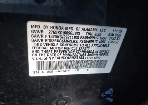 2010 Honda Pilot Ex-L from USA, damaged, VIN 5FNYF4H5XAB023183